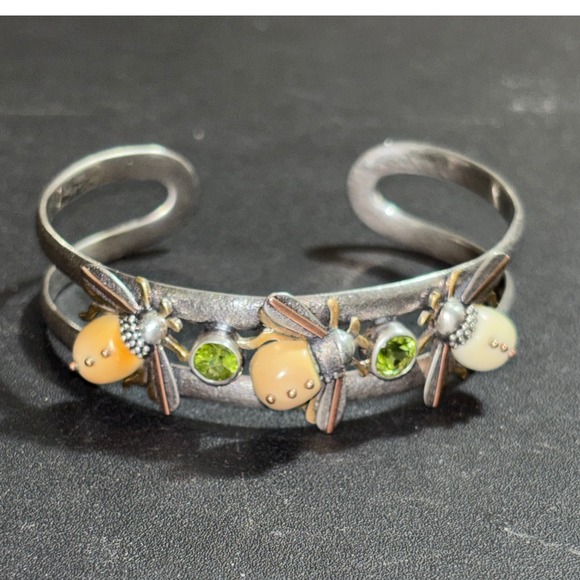 Zealandia 925 14KGF Cuff Hand Carved Fossilized Walrus Tusk Bees Peridot Unique - Picture 7 of 16